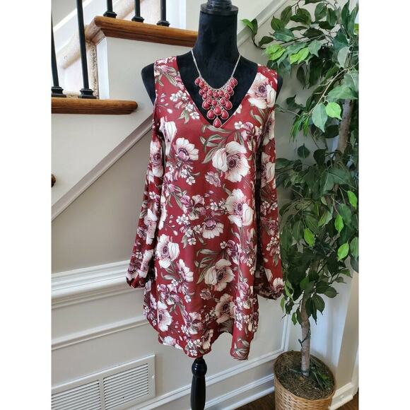 Forever21 Women's Red Polyester V-Neck Cold Shoulder Sleeve Knee Length Dress S - Picture 11 of 11